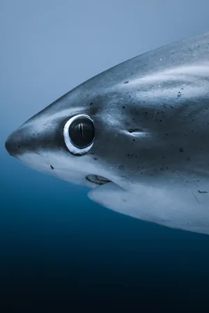 Blue shark portrait in open blue water — close-up of eye and snout by Sina Ritter